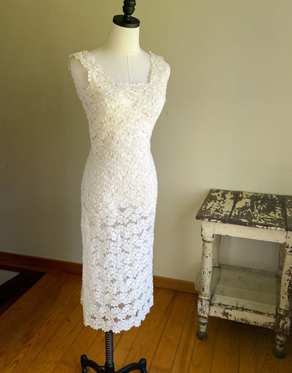 Vintage 60’s see through off white lace evening wedding dress fishtail kick pleat // 26” waist