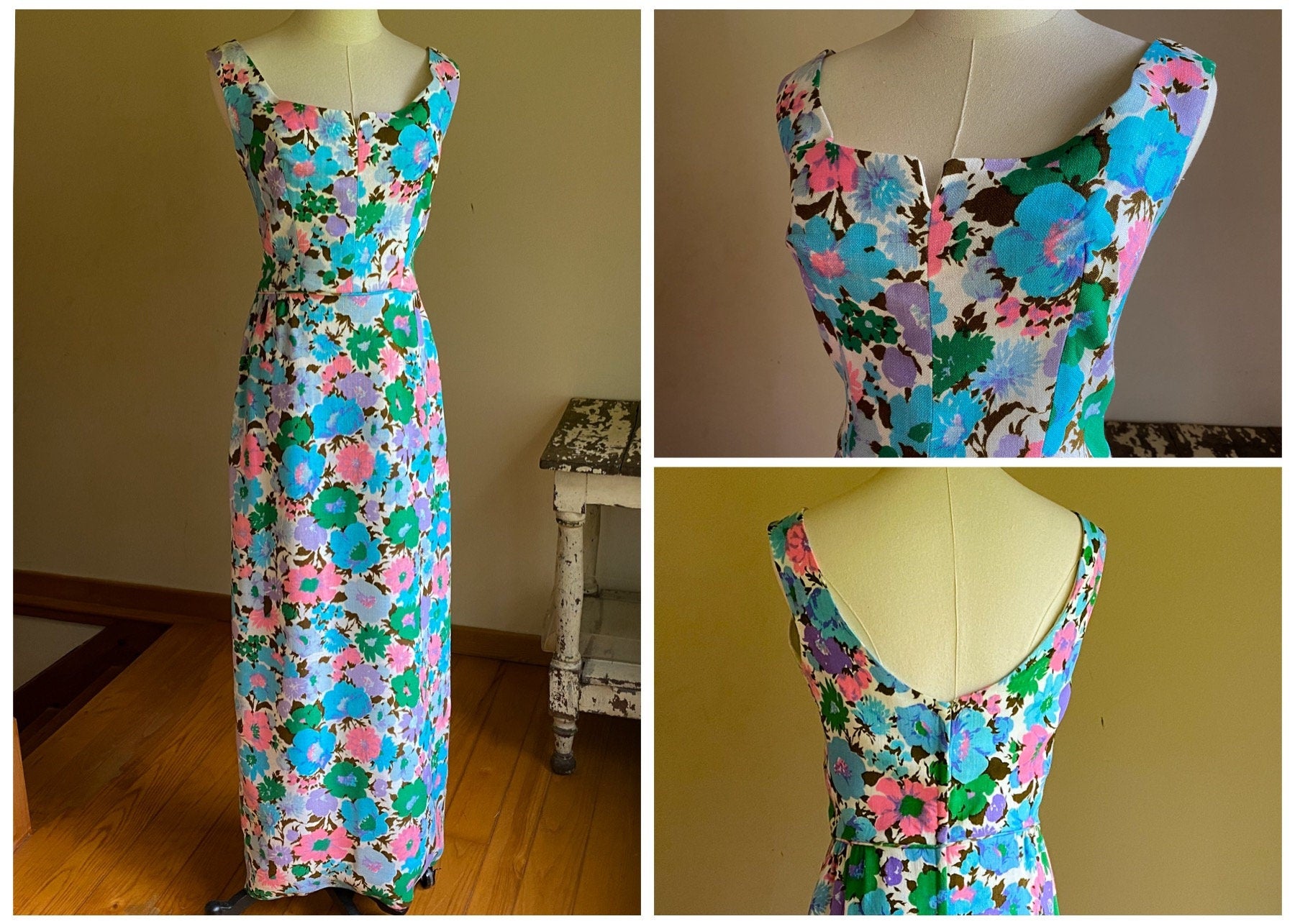 Vintage 60’s linen evening dress formal party maxi turquoise pink lilac floral print // 29” waist