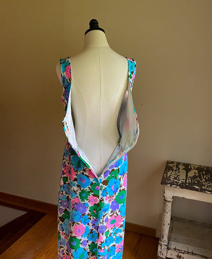 Vintage 60’s linen evening dress formal party maxi turquoise pink lilac floral print // 29” waist