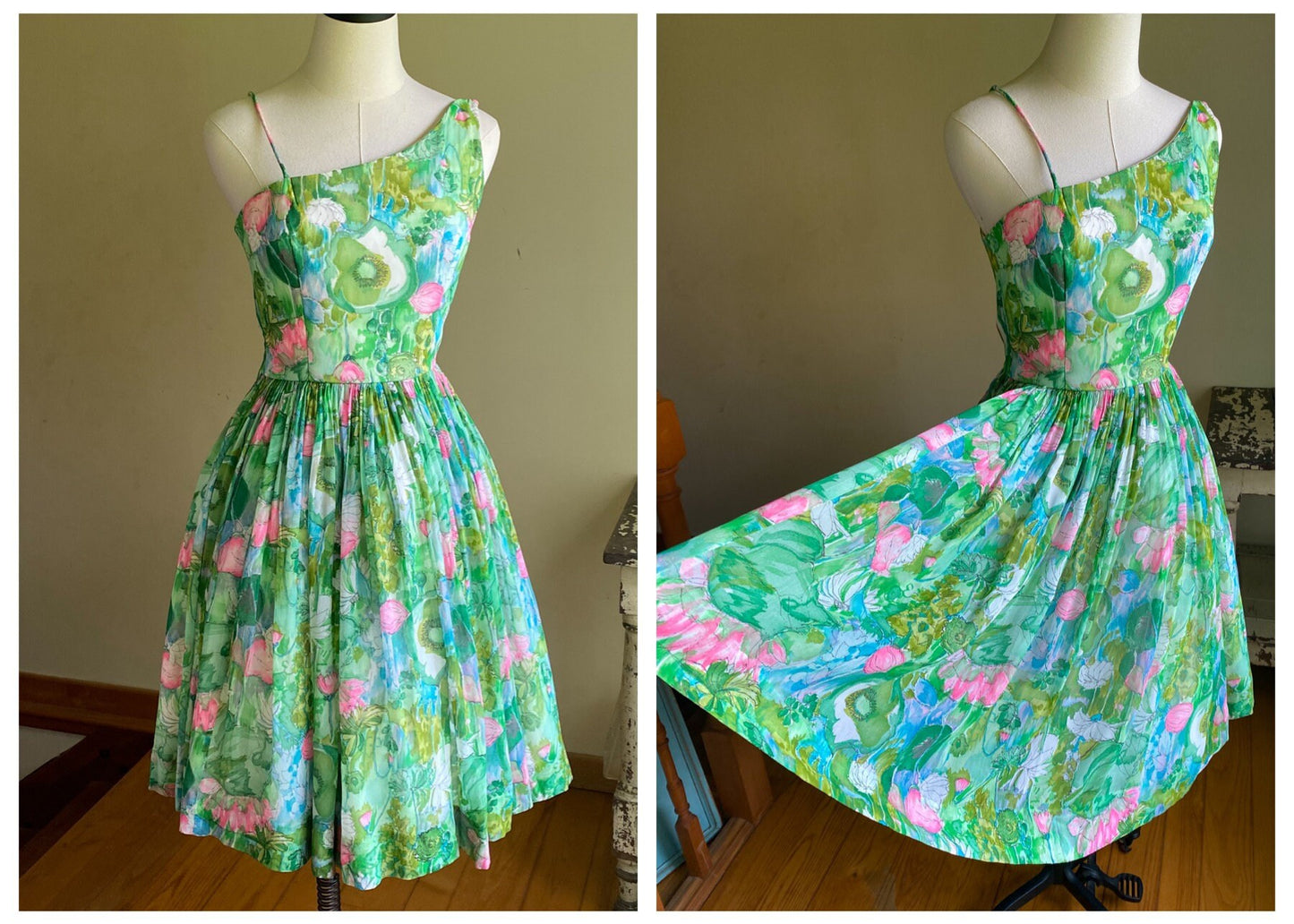 Vintage 50’s silk chiffon watercolor floral party dress one shoulder full skirt // 26” waist