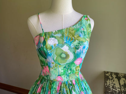 Vintage 50’s silk chiffon watercolor floral party dress one shoulder full skirt // 26” waist