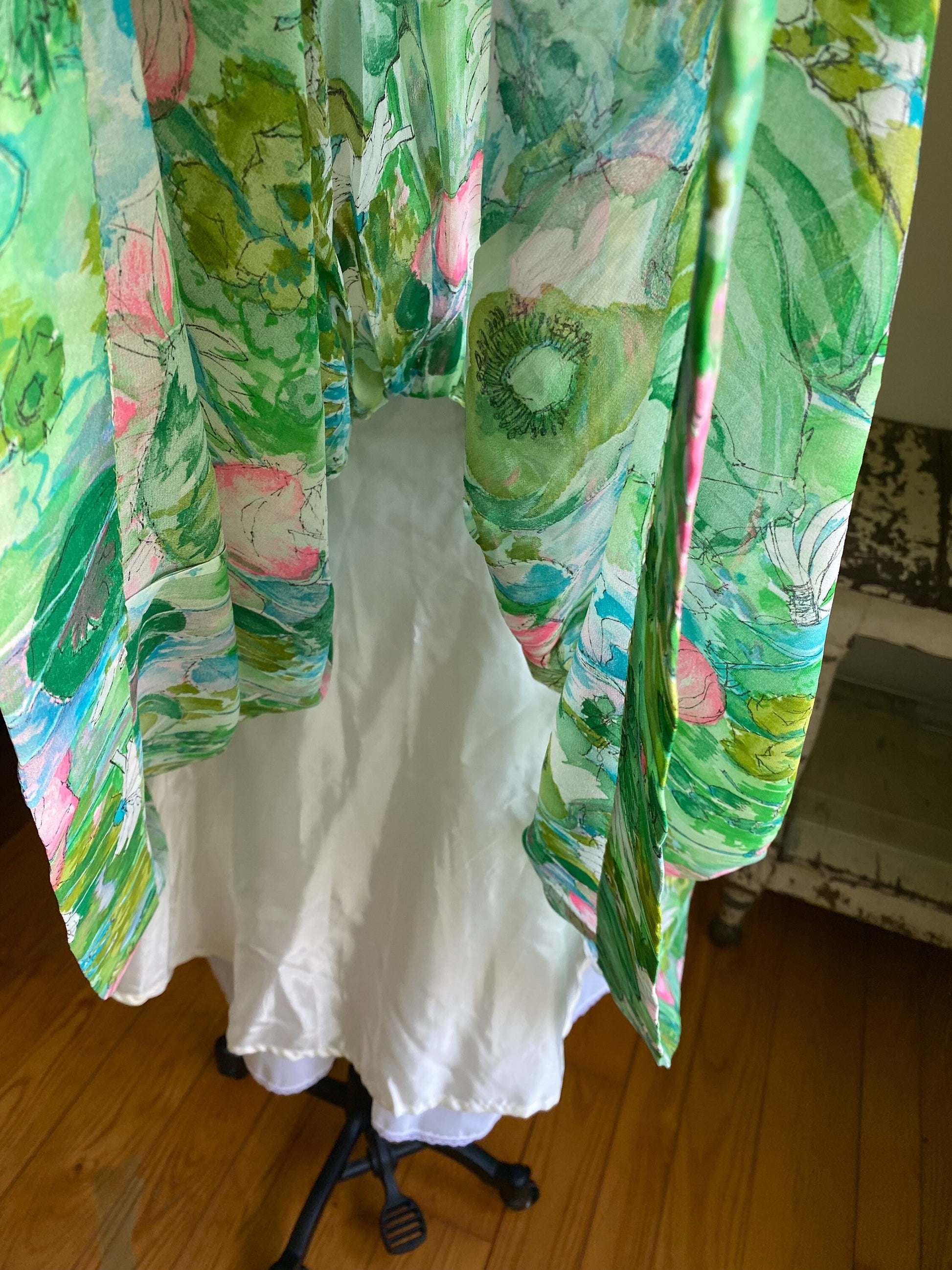 Vintage 50’s silk chiffon watercolor floral party dress one shoulder full skirt // 26” waist