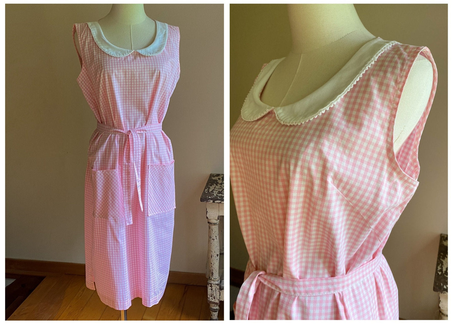 Vintage 60’s summer day dress pink white gingham shift // 41” bust