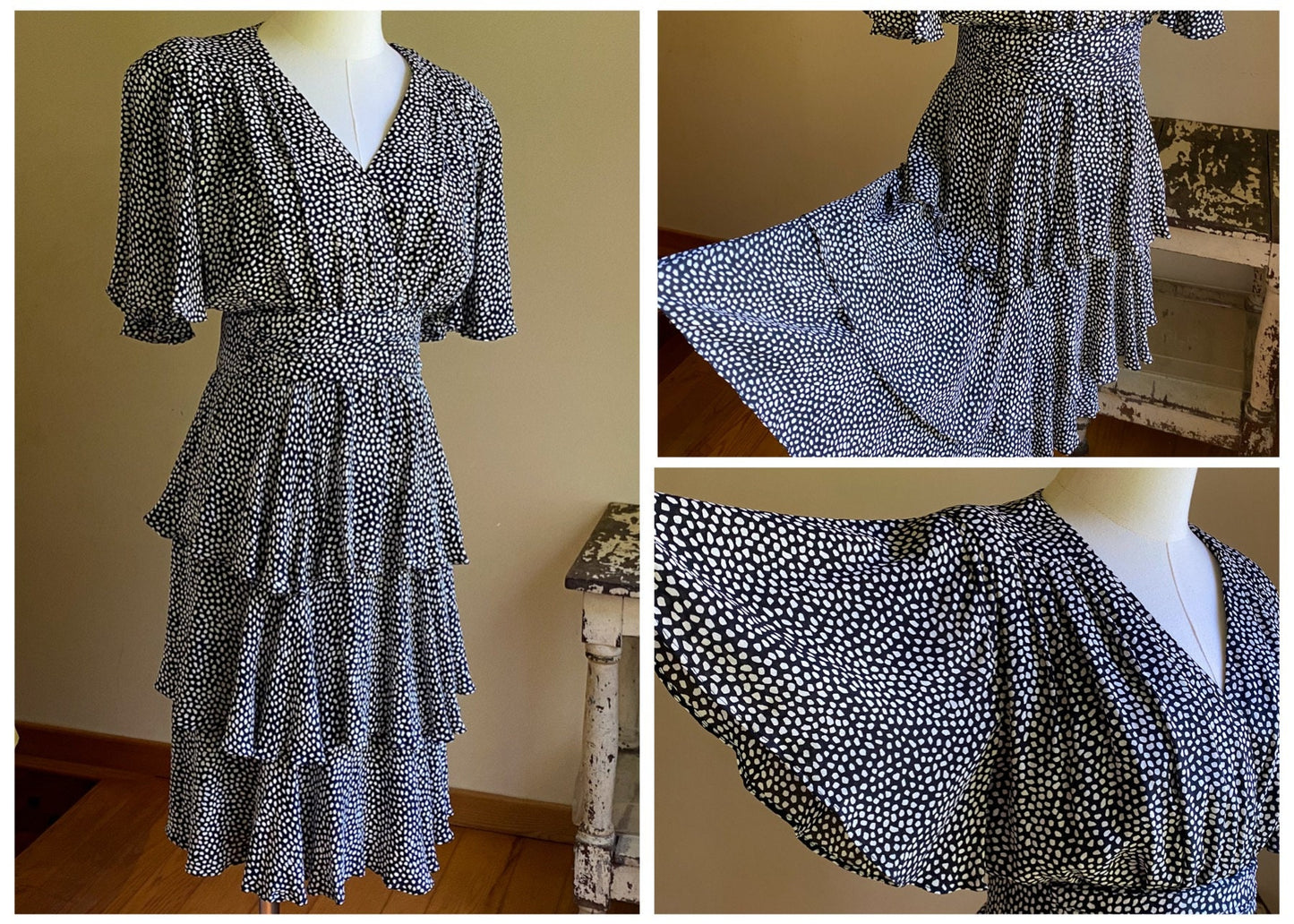 Vintage 80’s silk dress black & white polka dot ruffles tiers flutter sleeves // 36” bust