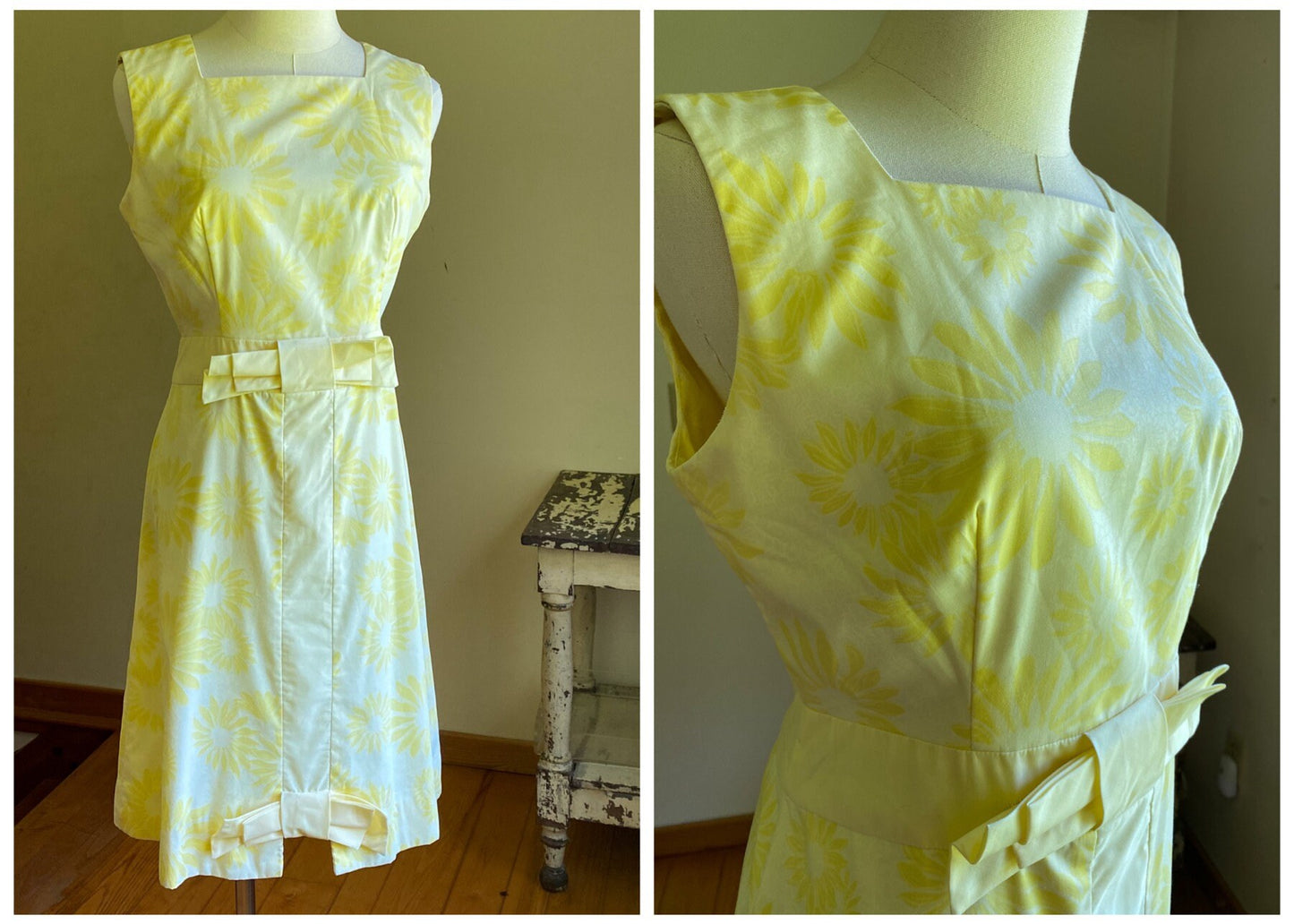 Vintage 70’s yellow cotton dress silk screen floral print bows // 35” bust