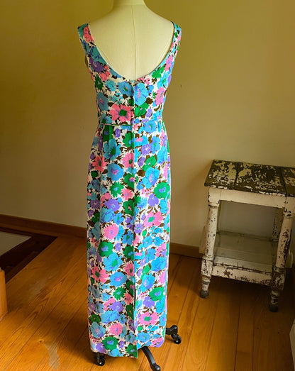 Vintage 60’s linen evening dress formal party maxi turquoise pink lilac floral print // 29” waist