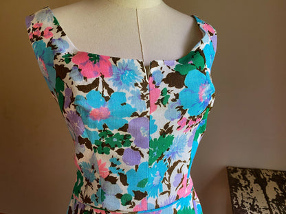 Vintage 60’s linen evening dress formal party maxi turquoise pink lilac floral print // 29” waist