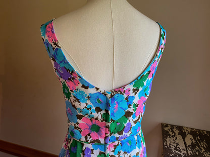 Vintage 60’s linen evening dress formal party maxi turquoise pink lilac floral print // 29” waist