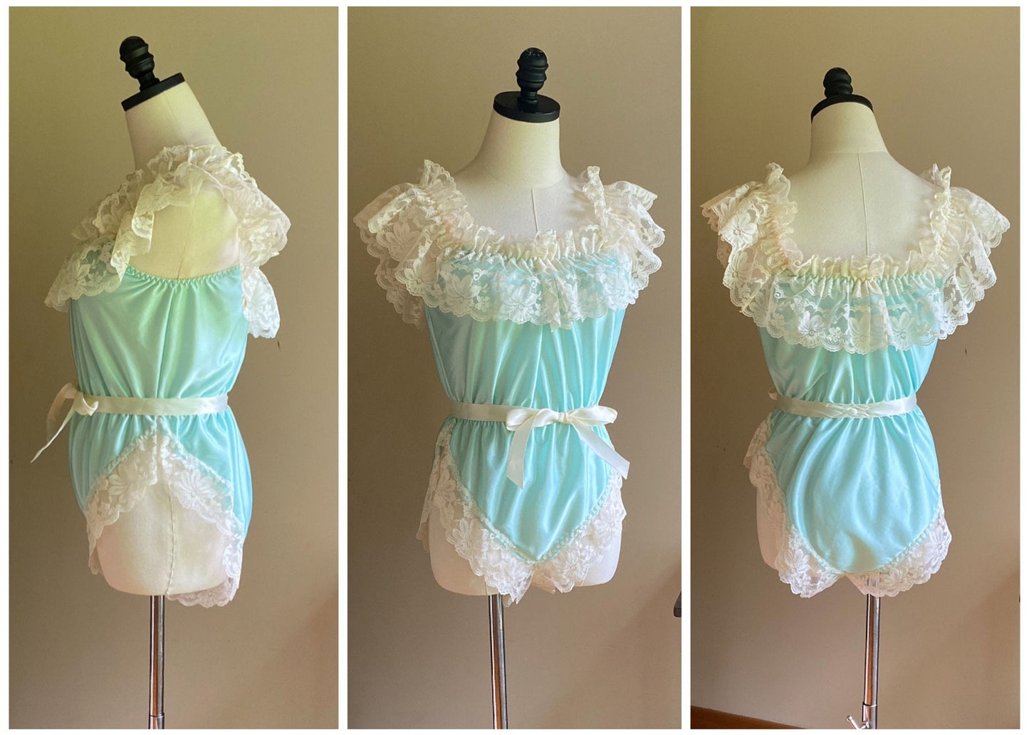 Vintage 80’s aqua blue satin & lace teddie Delores/Poirette // 22-30” waist