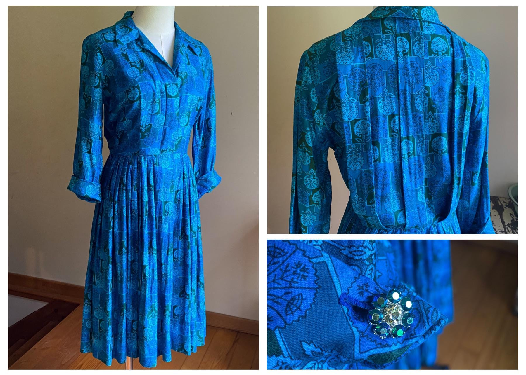 Vintage 50’s day dress blue brushed cotton print shirtwaist // 28” waist