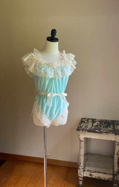 Vintage 80’s aqua blue satin & lace teddie Delores/Poirette // 22-30” waist