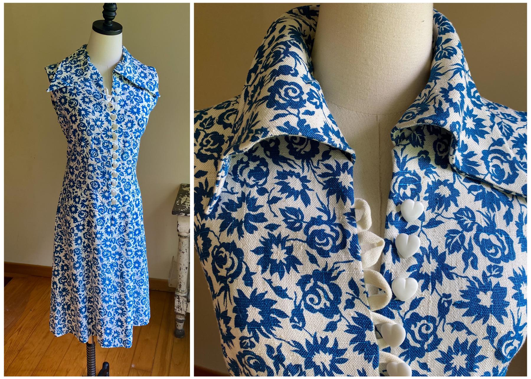 Vintage 70’s linen sleeveless shirt dress french blue floral print HUGE collar heart buttons // 35” bust