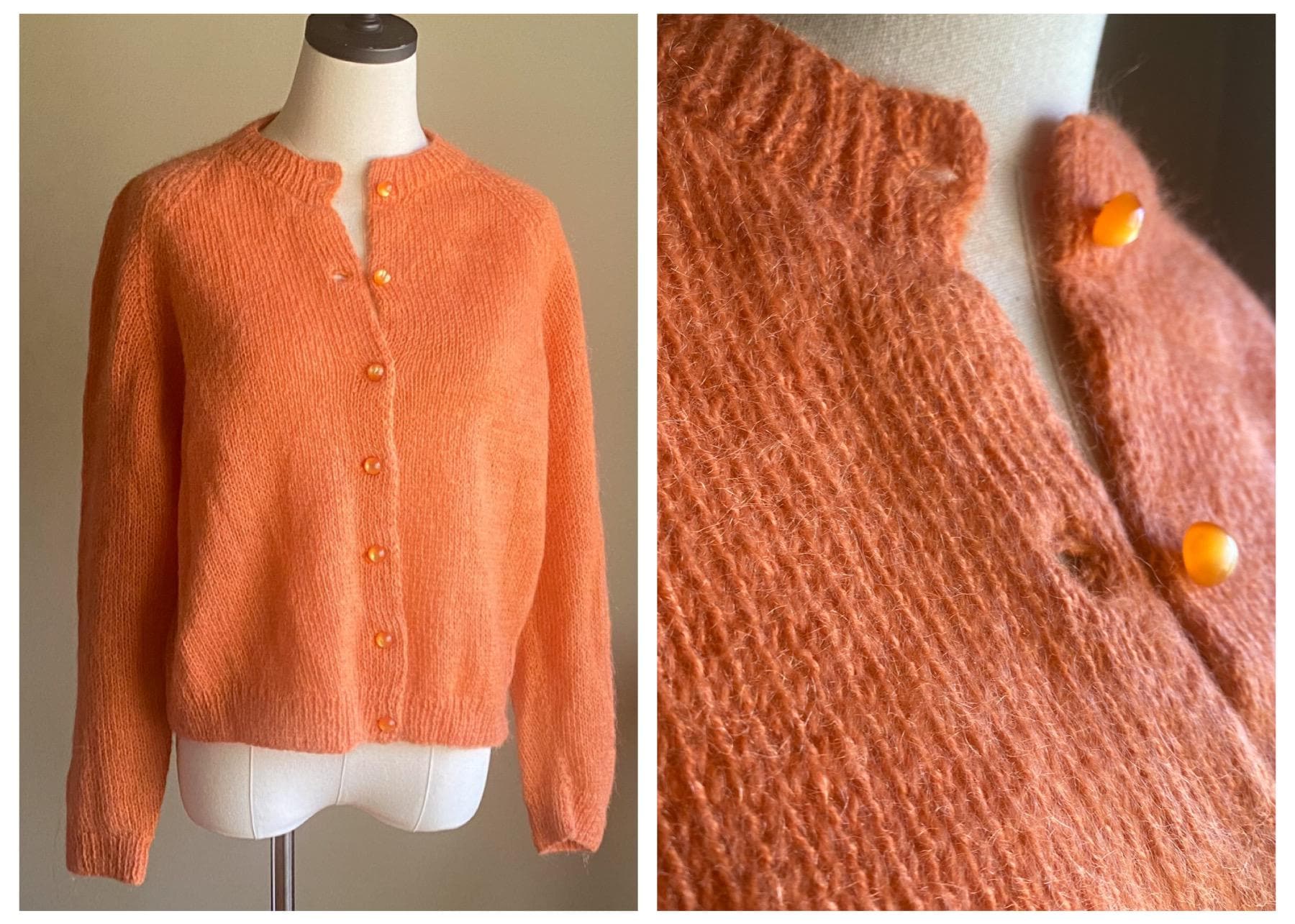 Vintage 60’s mohair cardigan melon orange hand knit sweater // 44” bust