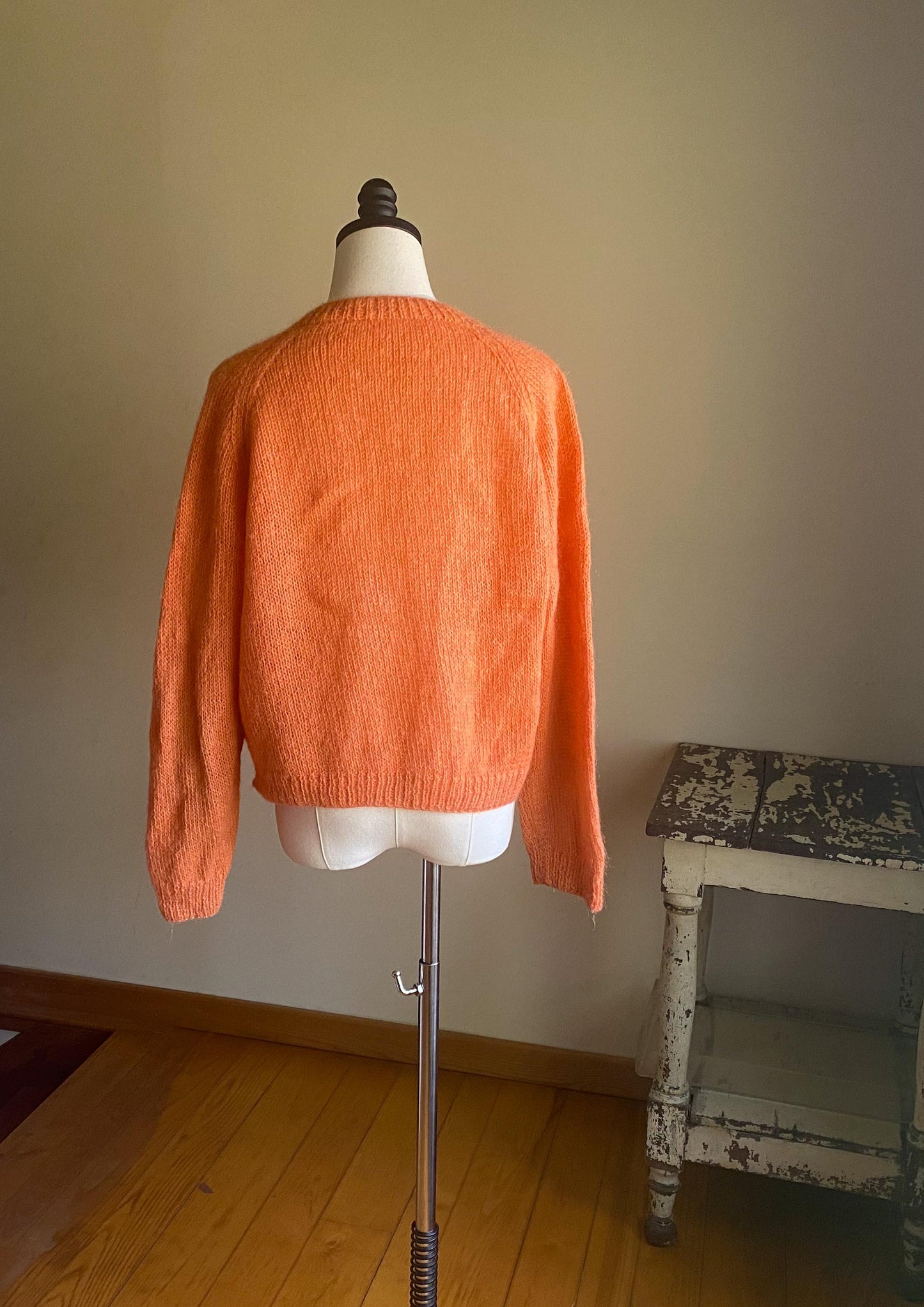 Vintage 60’s mohair cardigan melon orange hand knit sweater // 44” bust