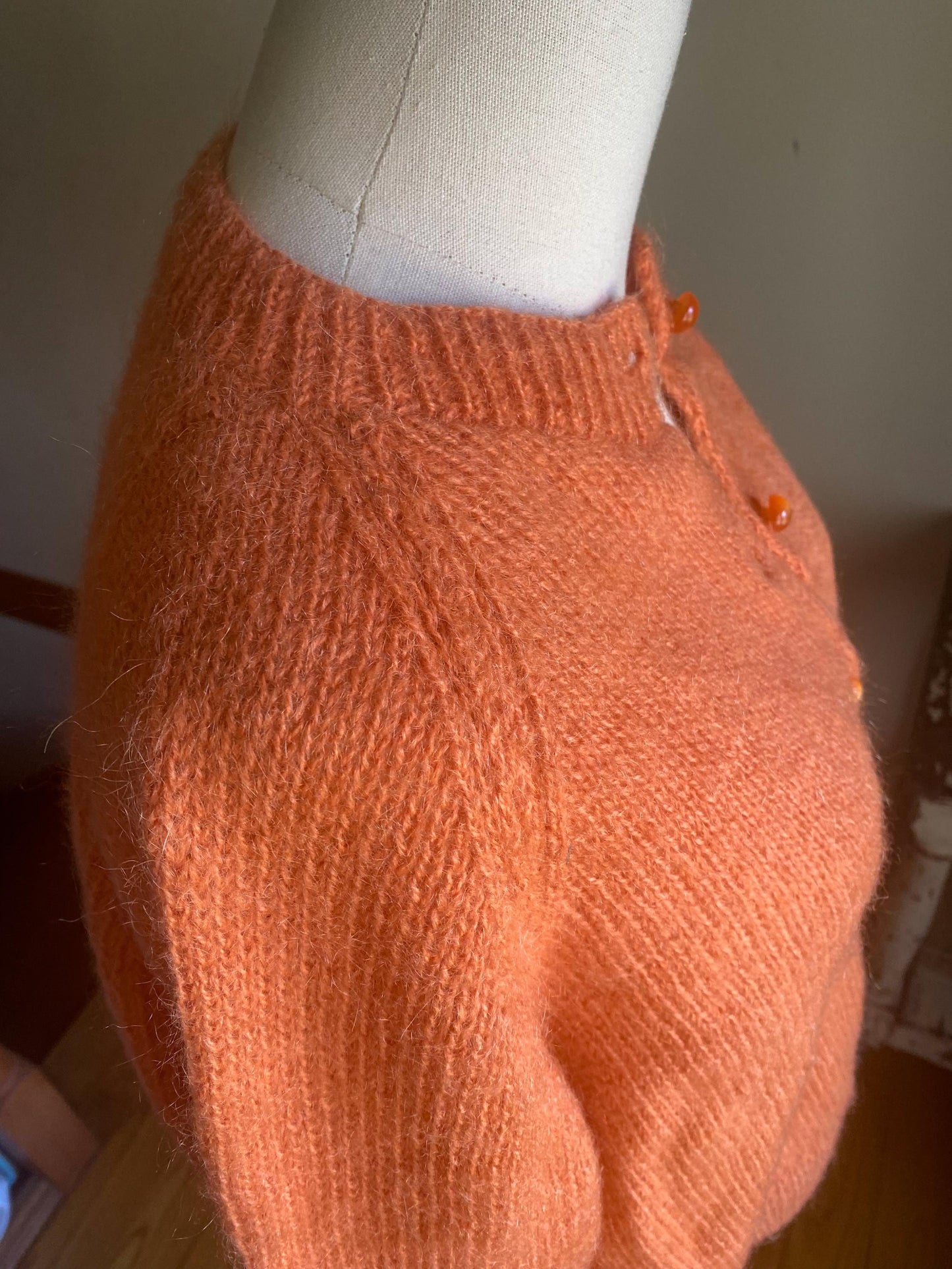 Vintage 60’s mohair cardigan melon orange hand knit sweater // 44” bust