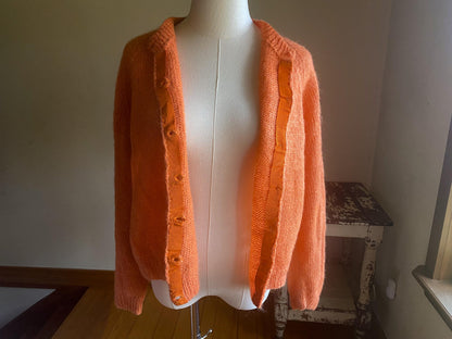 Vintage 60’s mohair cardigan melon orange hand knit sweater // 44” bust