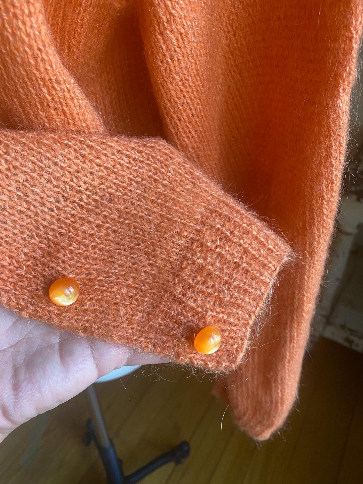 Vintage 60’s mohair cardigan melon orange hand knit sweater // 44” bust