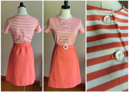 Vintage 70’s mini dress orange melon & white stripe pique short sleeve // 22-30” waist