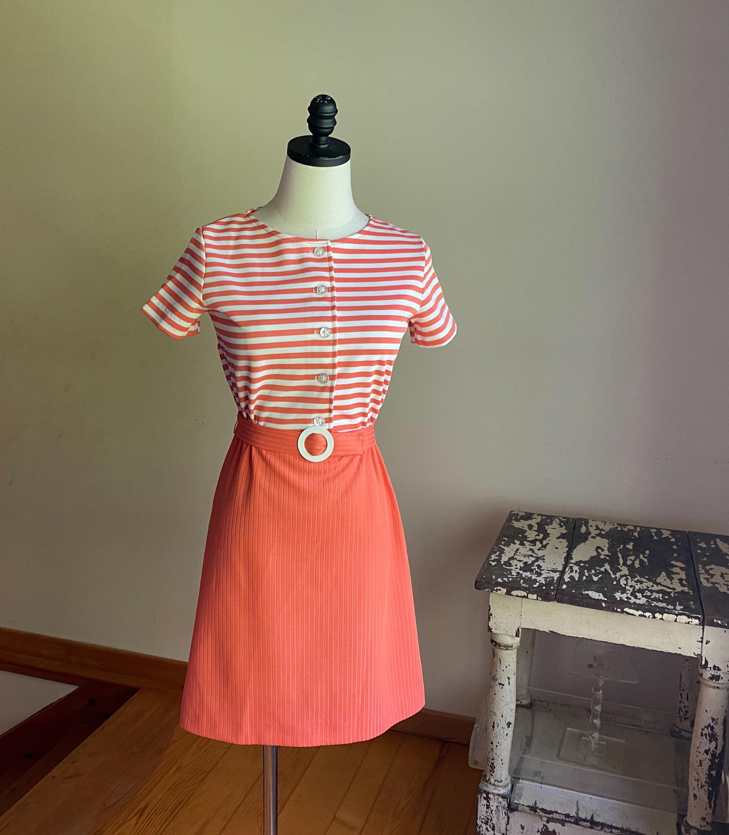 Vintage 70’s mini dress orange melon & white stripe pique short sleeve // 22-30” waist