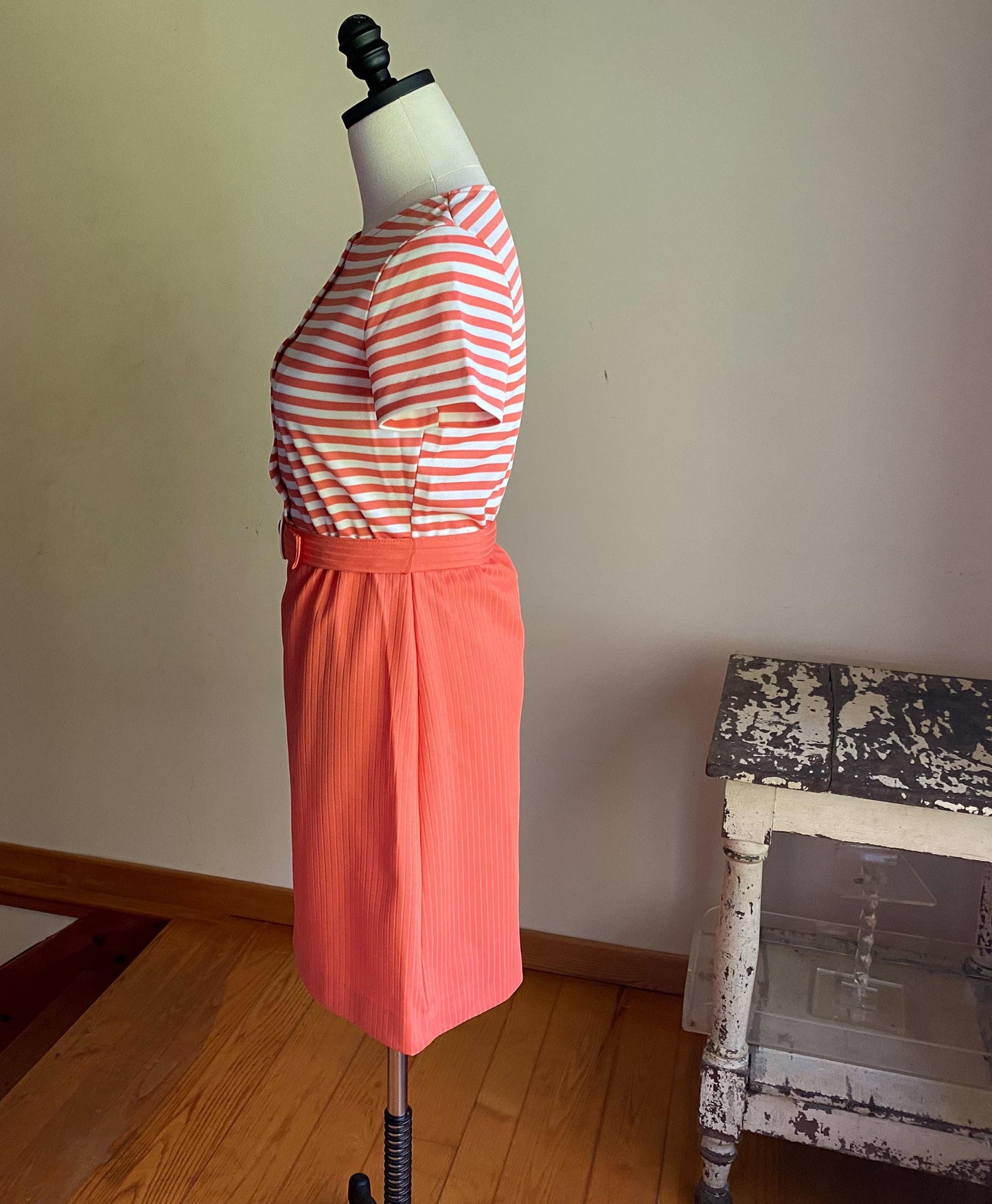 Vintage 70’s mini dress orange melon & white stripe pique short sleeve // 22-30” waist