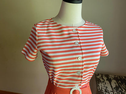 Vintage 70’s mini dress orange melon & white stripe pique short sleeve // 22-30” waist