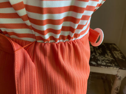 Vintage 70’s mini dress orange melon & white stripe pique short sleeve // 22-30” waist