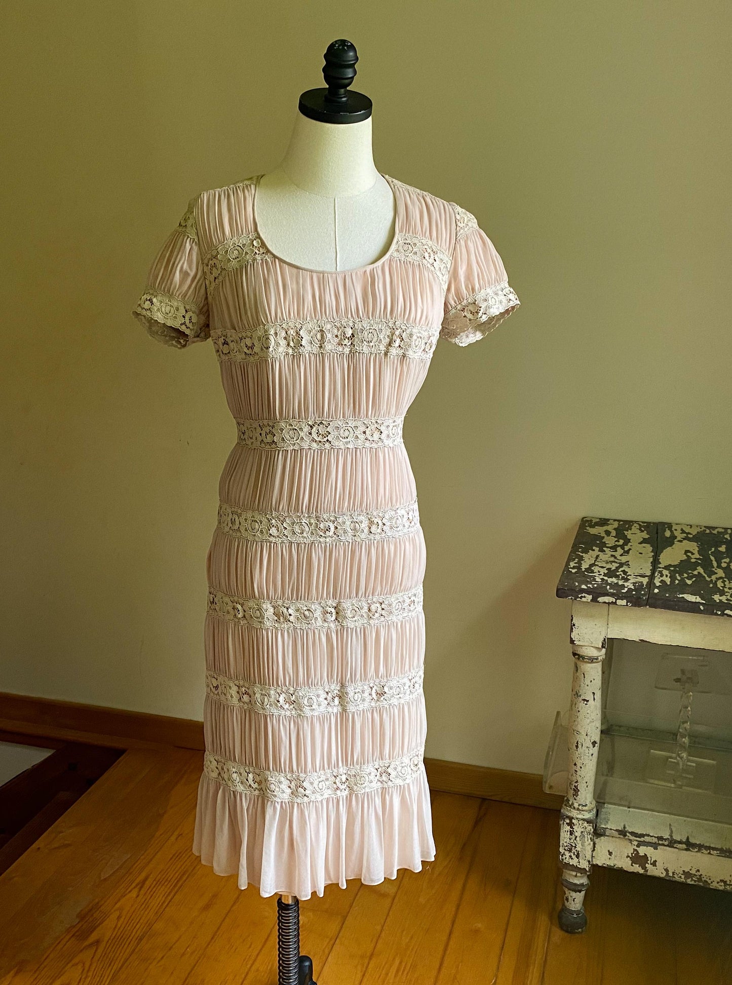 Vintage 60’s wiggle dress blush sheer silk & lace cocktail sheath Andora // 29” waist