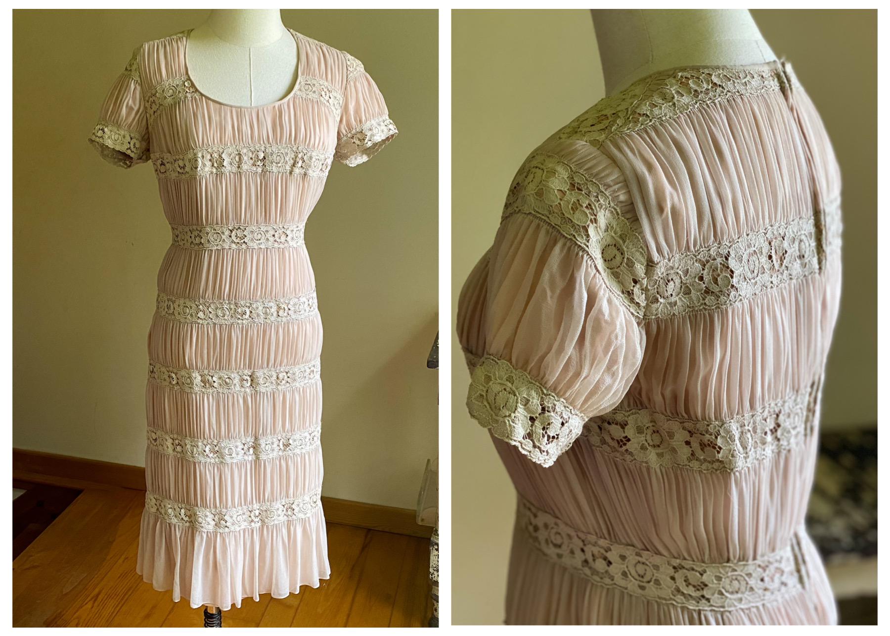 Vintage 60’s wiggle dress blush sheer silk & lace cocktail sheath Andora // 29” waist