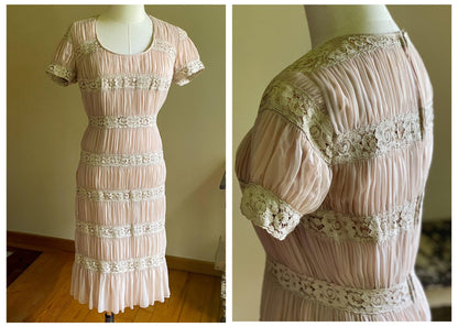 Vintage 60’s wiggle dress blush sheer silk & lace cocktail sheath Andora // 29” waist