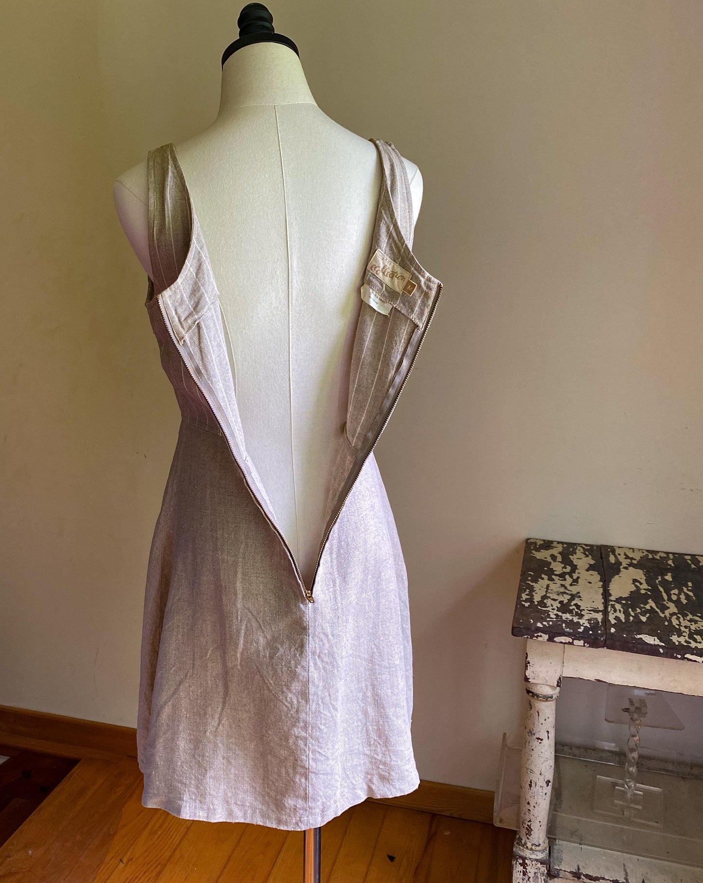 Vintage 90’s linen tank dress white pinstripe Esprit Collection // 36” bust