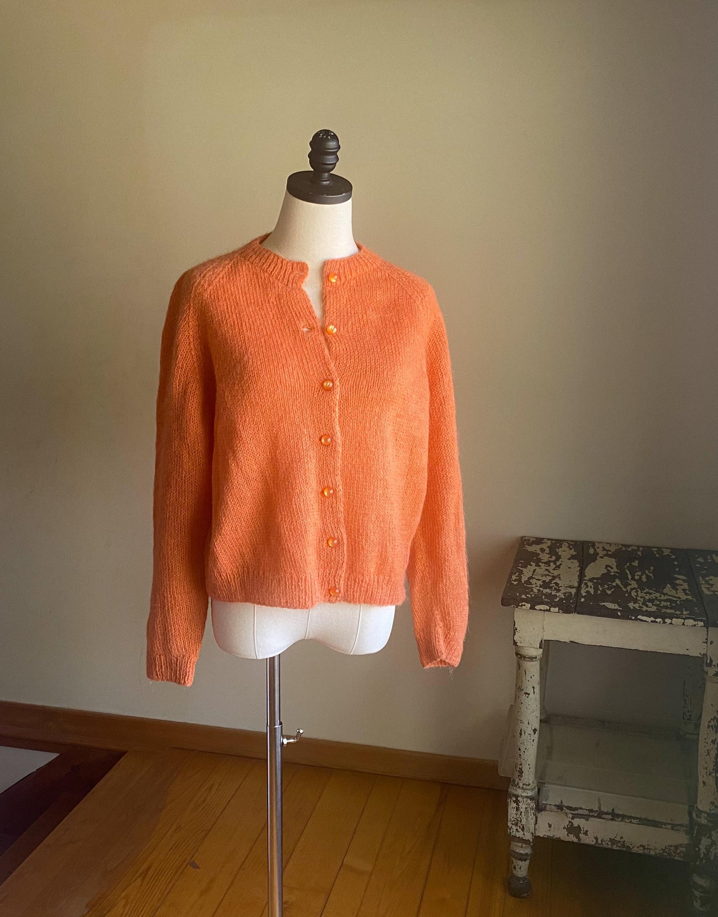 Vintage 60’s mohair cardigan melon orange hand knit sweater // 44” bust