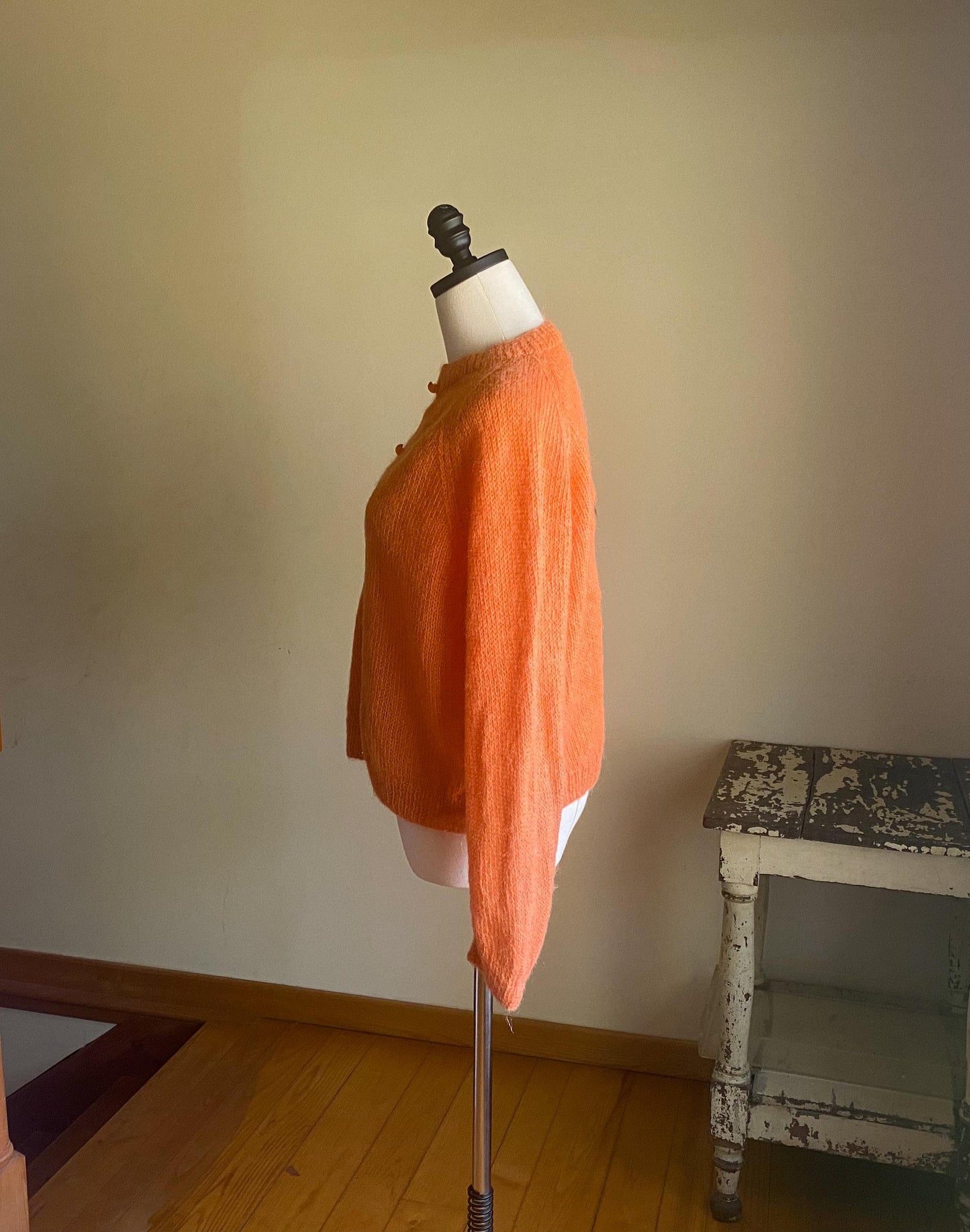 Vintage 60’s mohair cardigan melon orange hand knit sweater // 44” bust