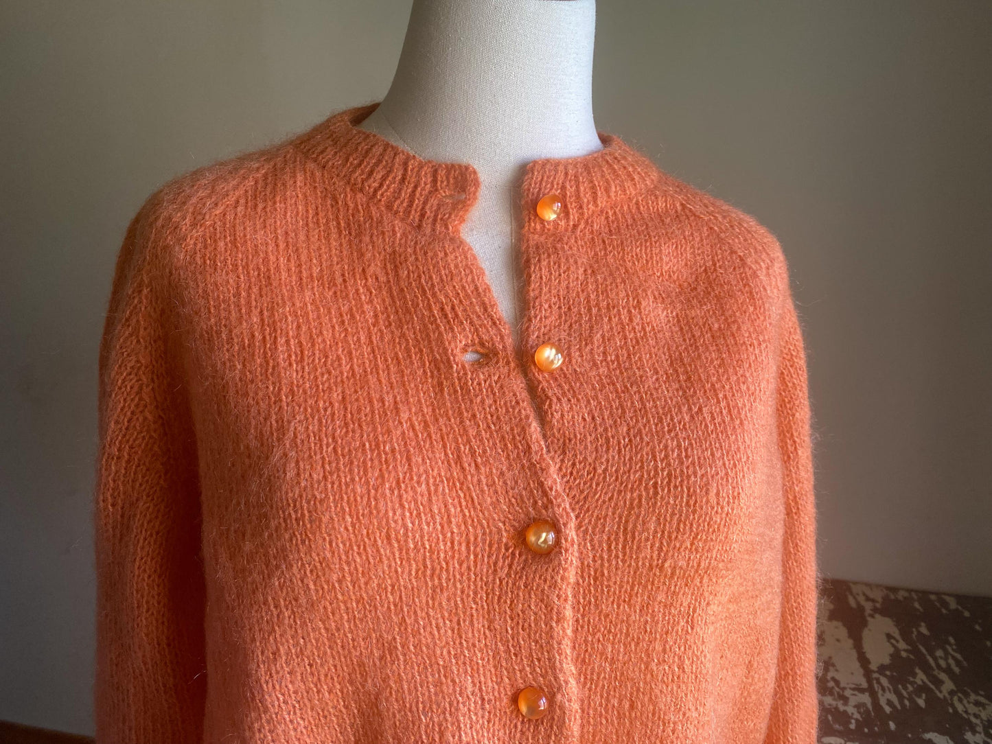 Vintage 60’s mohair cardigan melon orange hand knit sweater // 44” bust