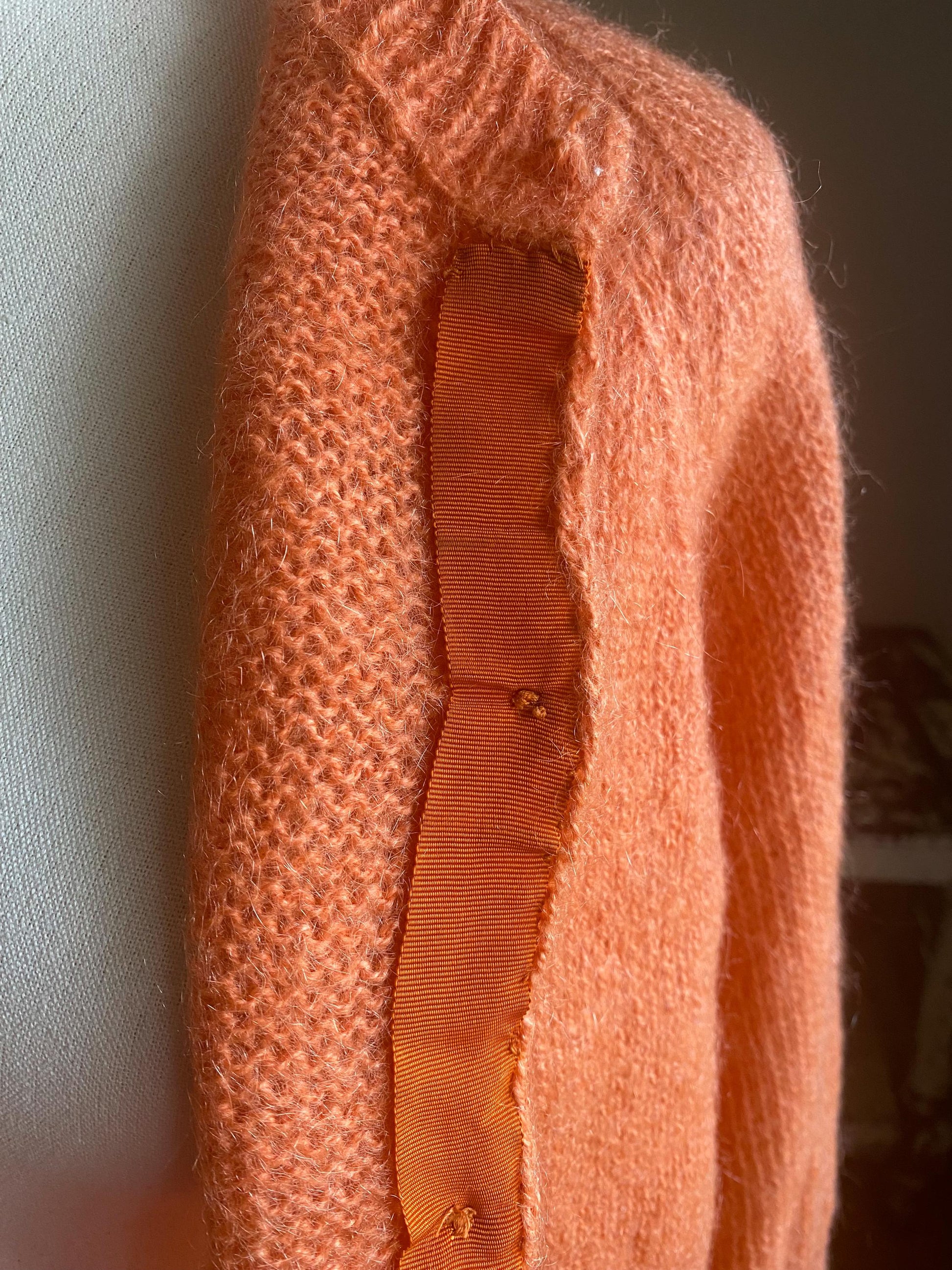 Vintage 60’s mohair cardigan melon orange hand knit sweater // 44” bust