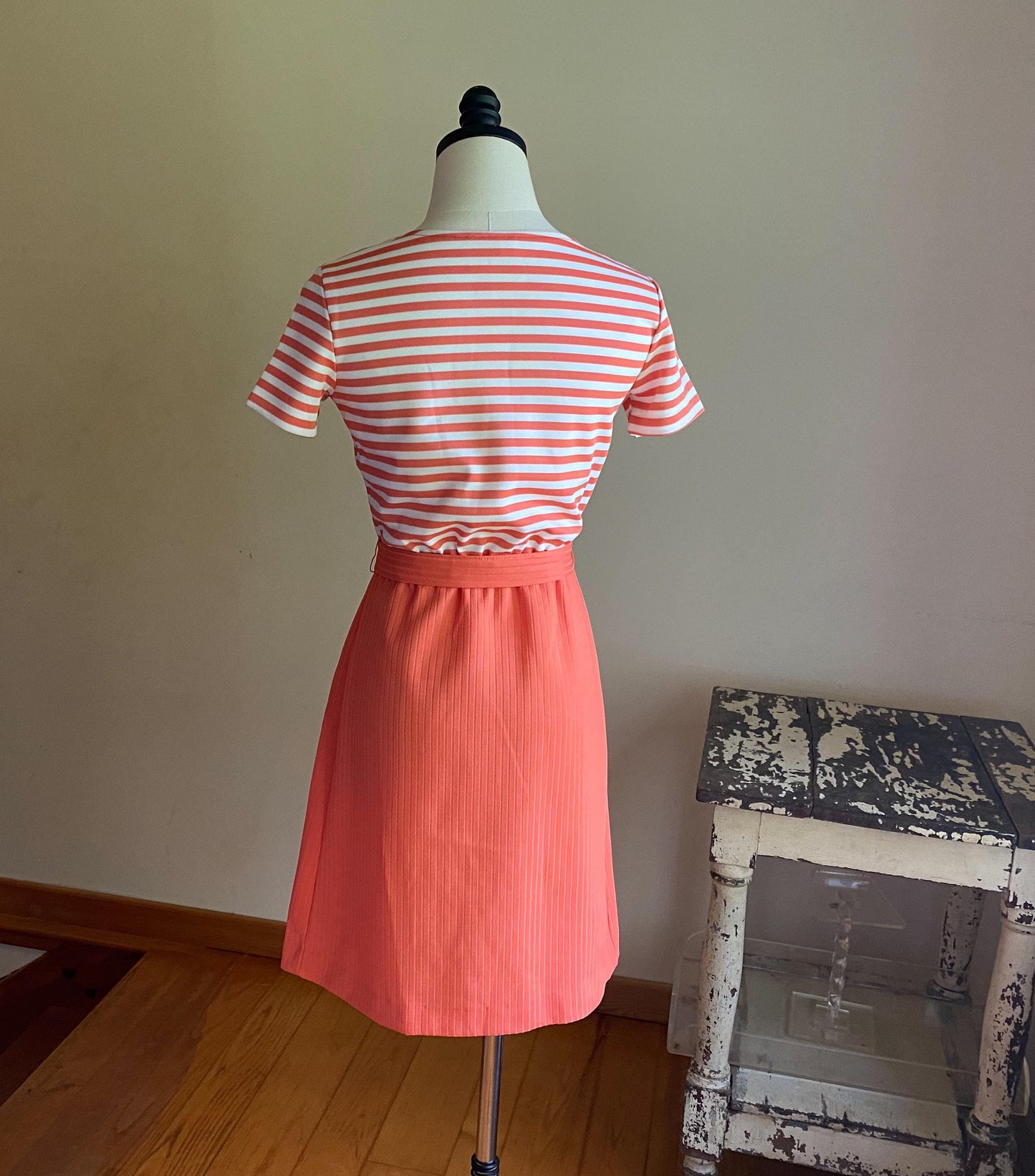 Vintage 70’s mini dress orange melon & white stripe pique short sleeve // 22-30” waist