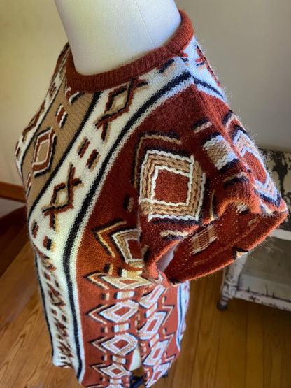 Vintage 70’s knit tunic Aztec Southwest geometric rust white & brown // 36-40” bust