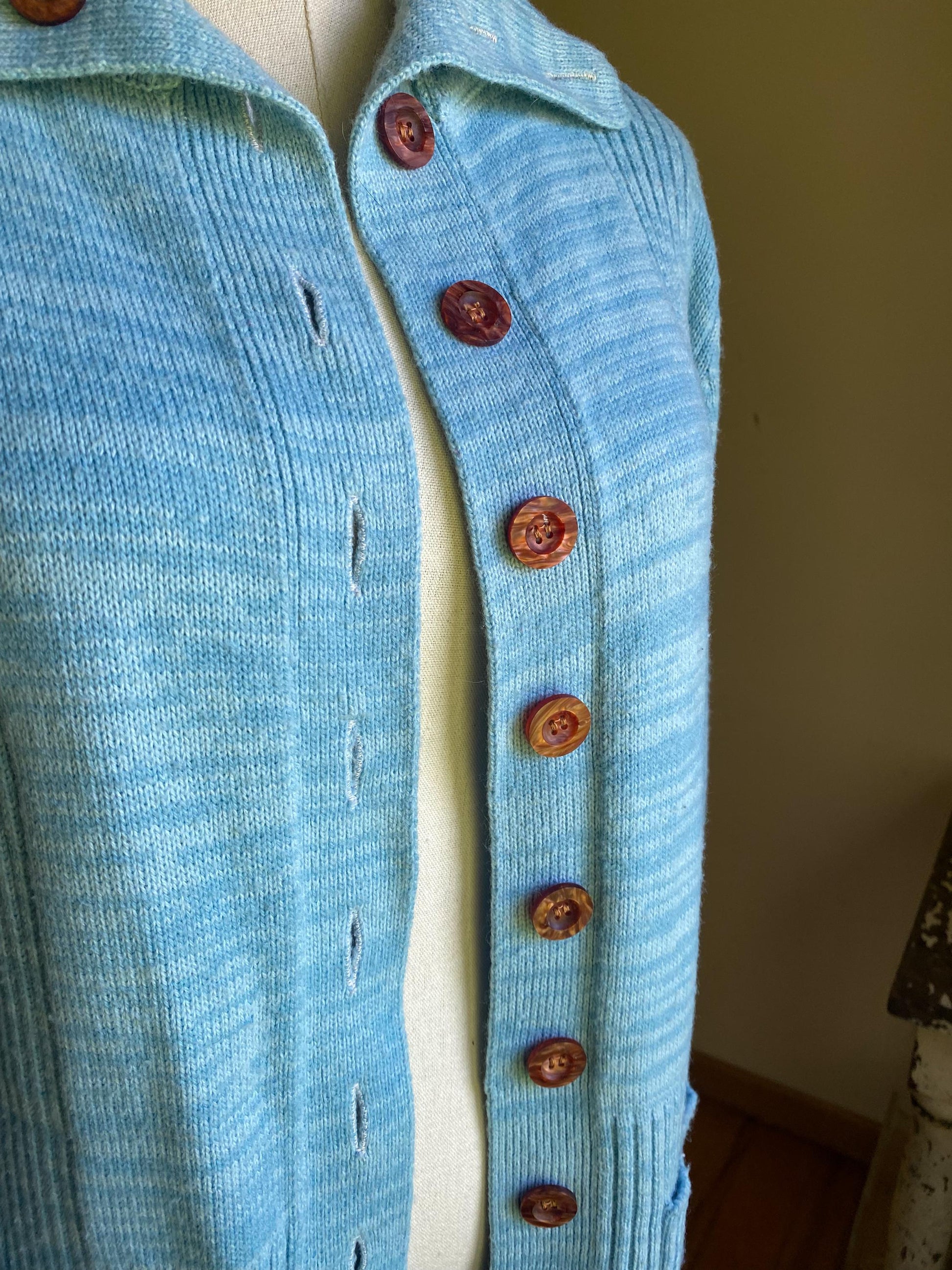 Vintage 70’s long cardigan baby blue ribbed sweater POCKETS! // 39” bust