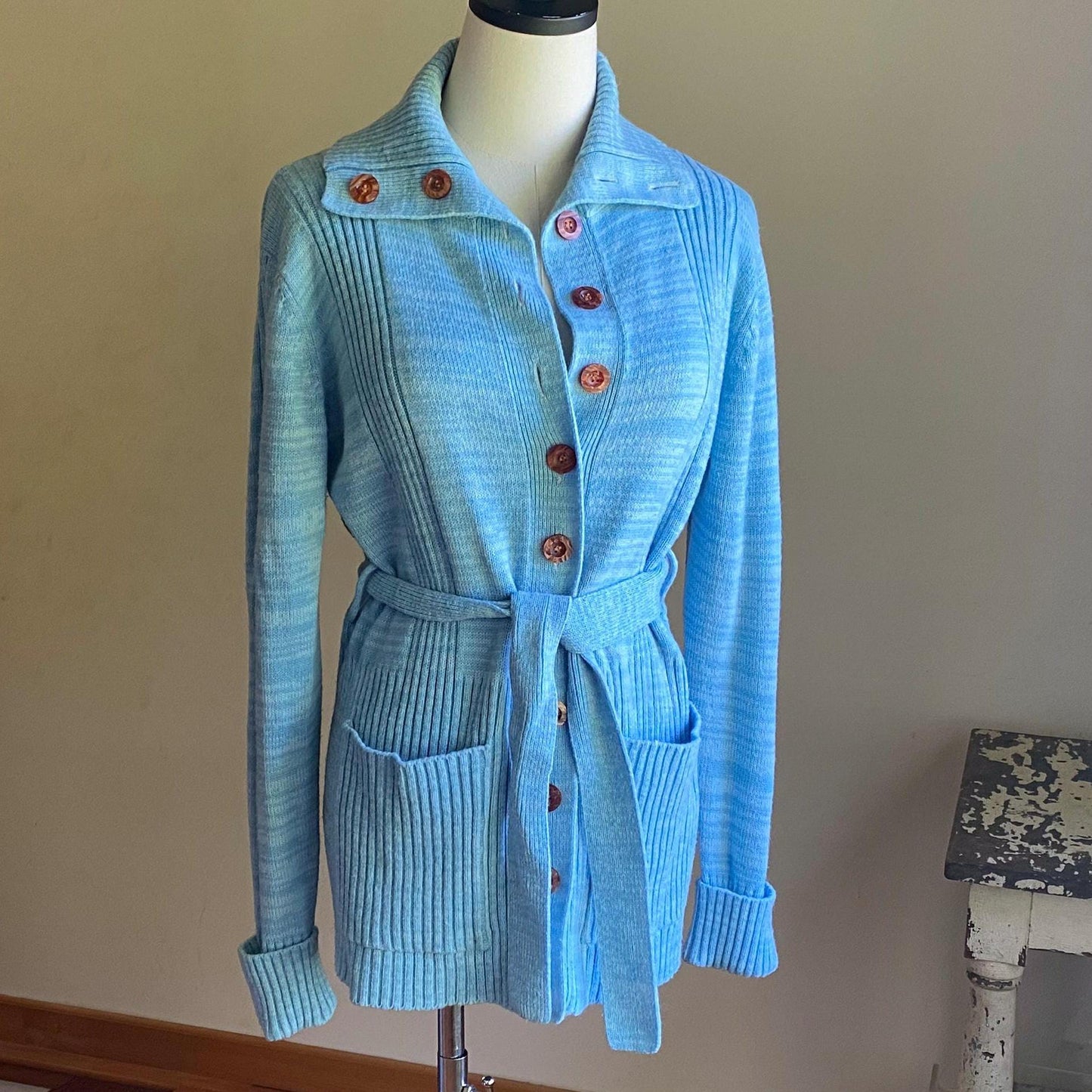 Vintage 70’s long cardigan baby blue ribbed sweater POCKETS! // 39” bust