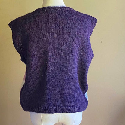 Vintage 80’s mohair hand knit vest purple 3-D cubes // 42-46” bust