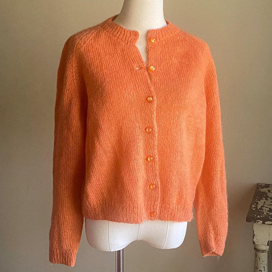 Vintage 60’s mohair cardigan melon orange hand knit sweater // 44” bust