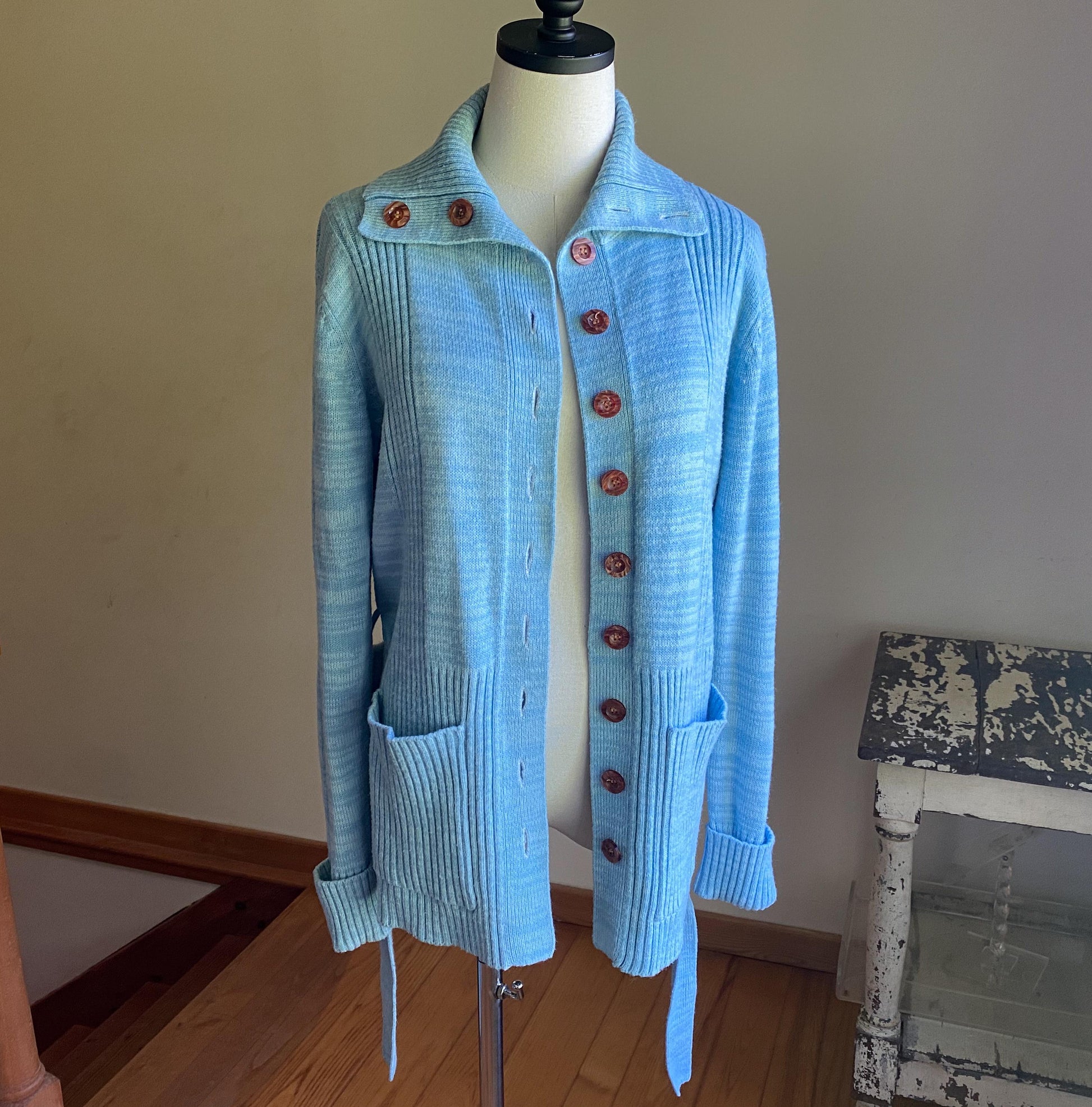 Vintage 70’s long cardigan baby blue ribbed sweater POCKETS! // 39” bust