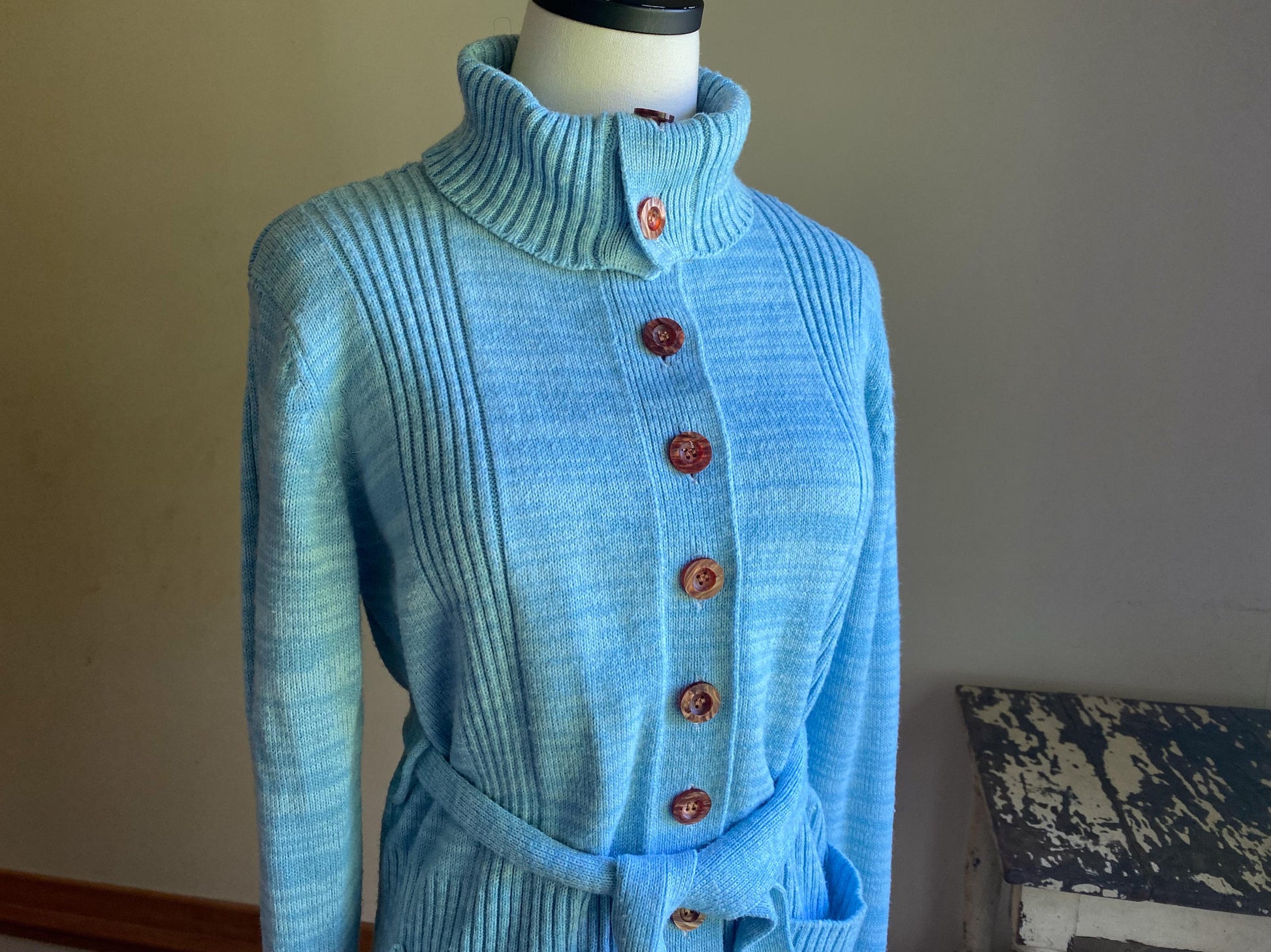 Vintage 70’s long cardigan baby blue ribbed sweater POCKETS! // 39” bust