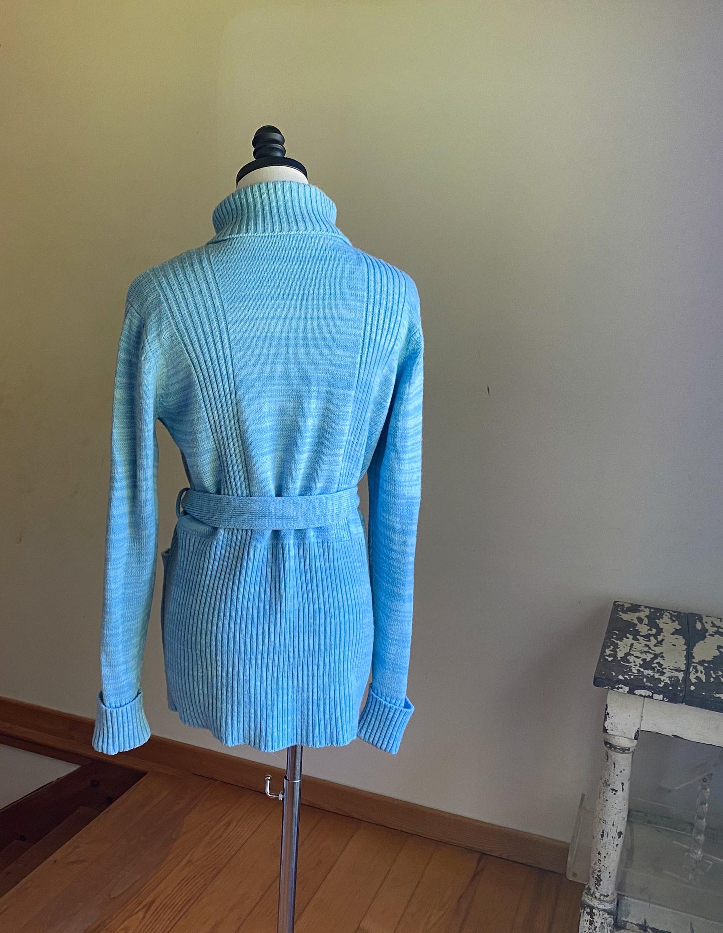 Vintage 70’s long cardigan baby blue ribbed sweater POCKETS! // 39” bust