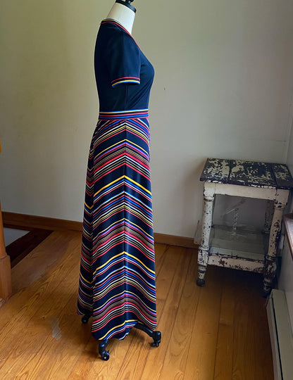 Vintage 70’s maxi dress black & rainbow chevron stripe Butte Knit // 34” bust