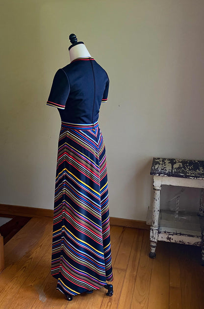 Vintage 70’s maxi dress black & rainbow chevron stripe Butte Knit // 34” bust