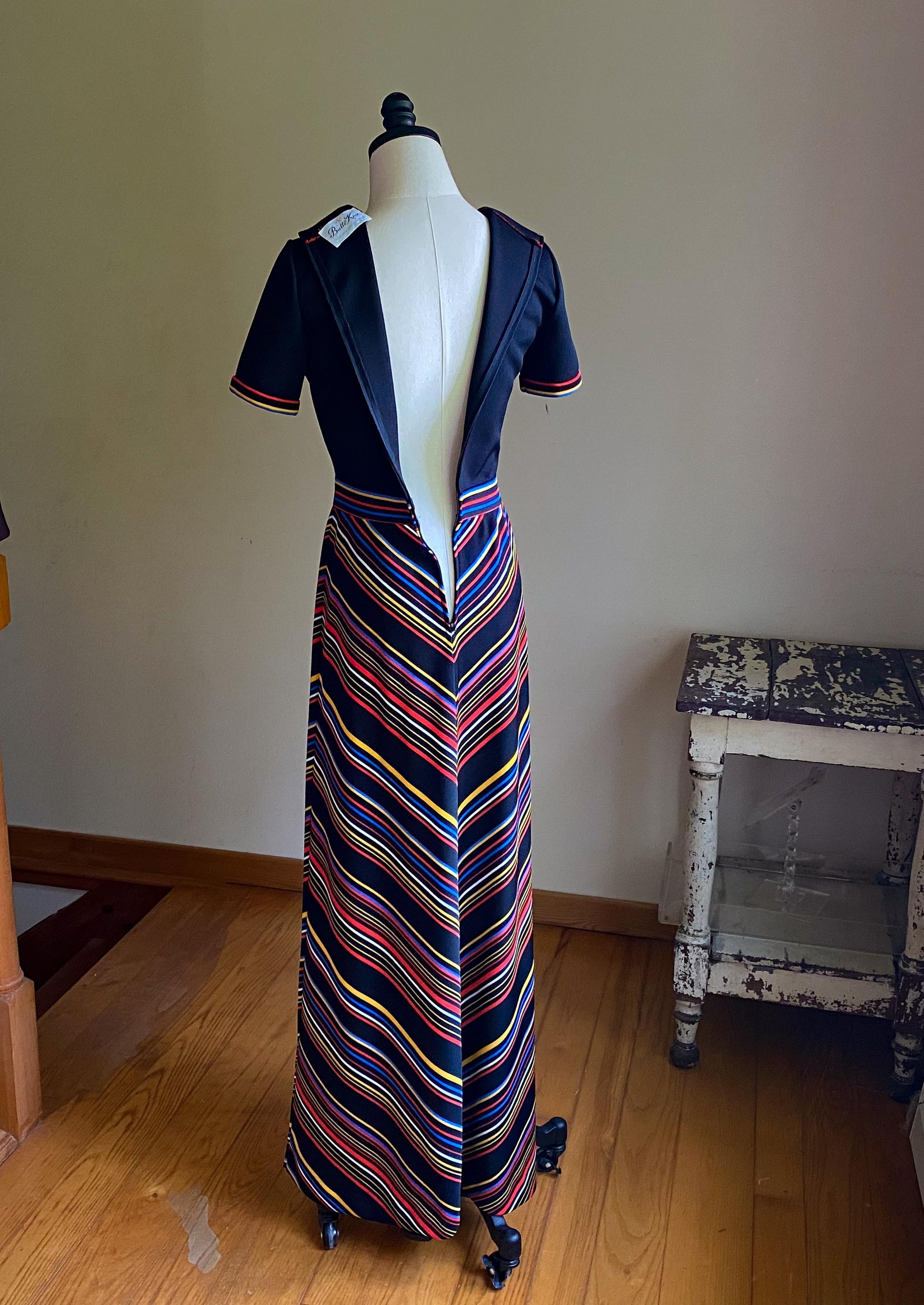 Vintage 70’s maxi dress black & rainbow chevron stripe Butte Knit // 34” bust