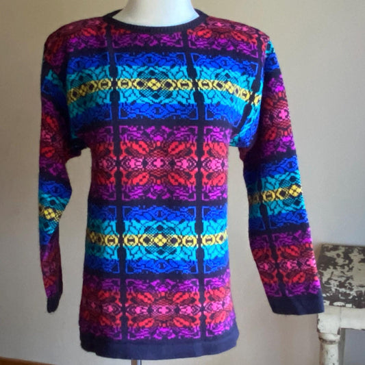 Vintage 80’s rainbow jewel tone tunic fit sweater Beldoch Petites // 37” bust