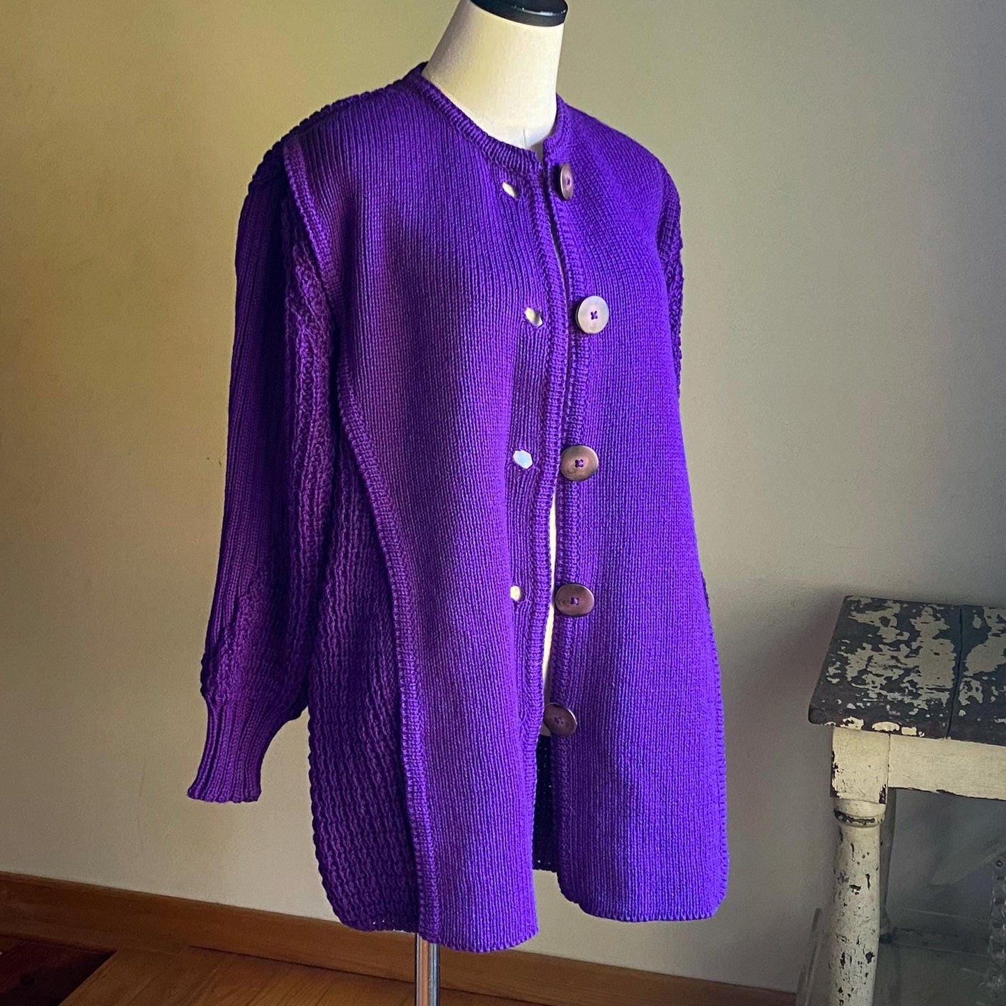 Vintage 80’s wool cardigan purple chunky Irish sweater POCKETS! Pallas // 50” bust