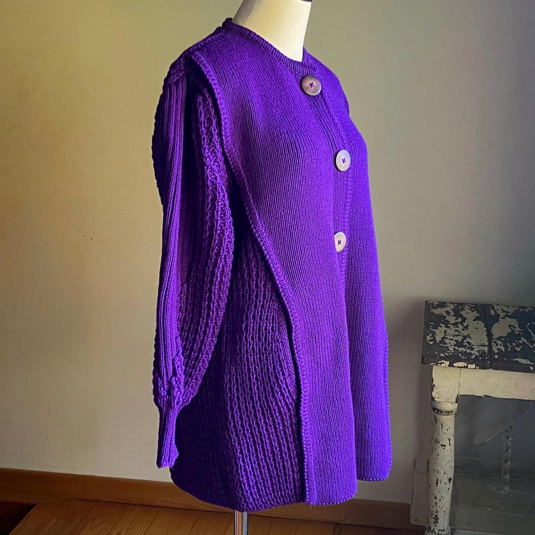 Vintage 80’s wool cardigan purple chunky Irish sweater POCKETS! Pallas // 50” bust