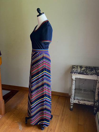 Vintage 70’s maxi dress black & rainbow chevron stripe Butte Knit // 34” bust